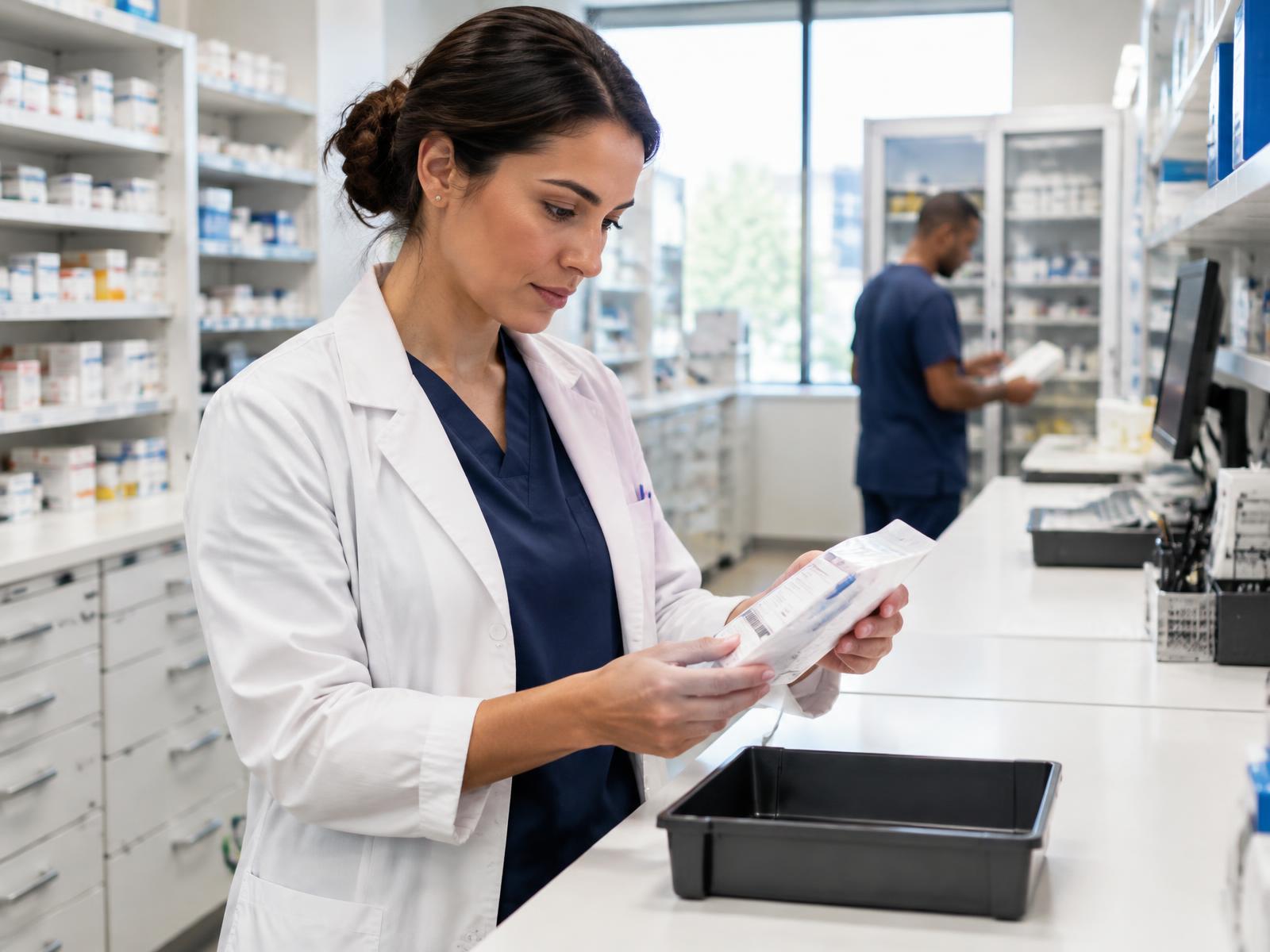 Pharmacist preparing a sealed medication package