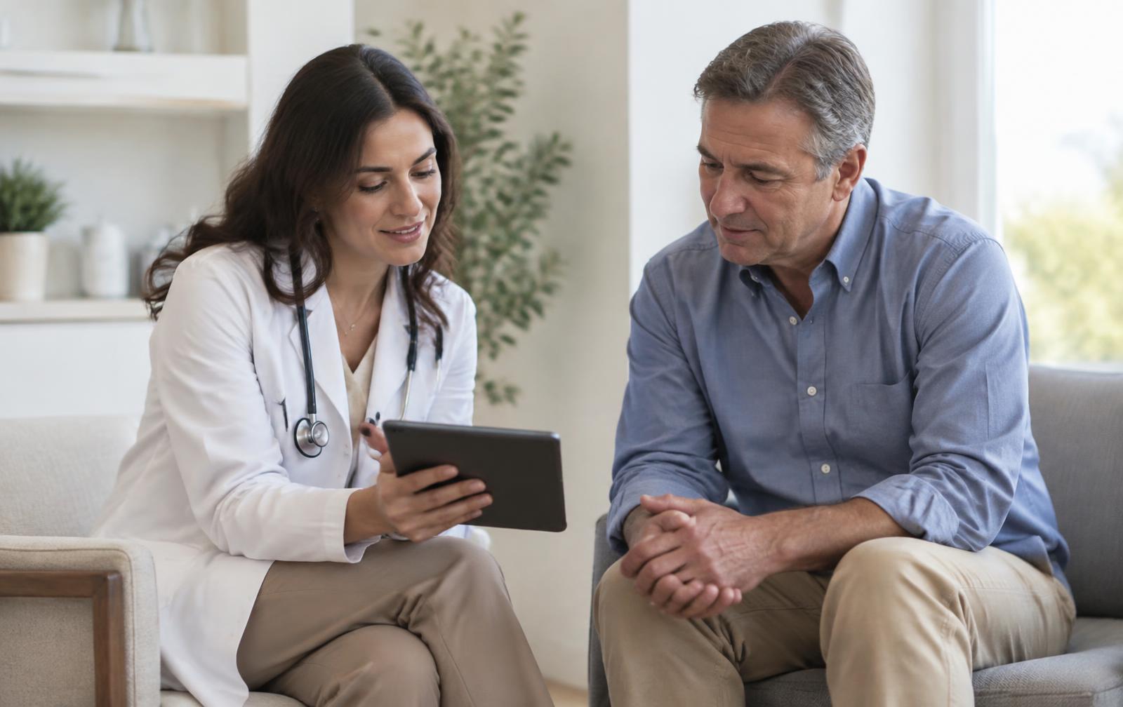 Clinician having a thoughtful wellness consultation
